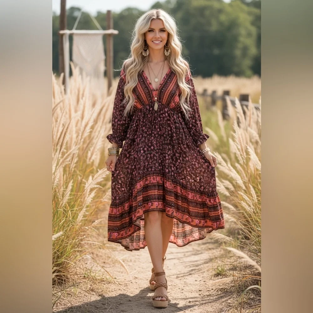 NWT UMGEE Boho Floral Print Tie Back High Low Asymmetrical Hi/Lo Dress - Picture 6 of 10